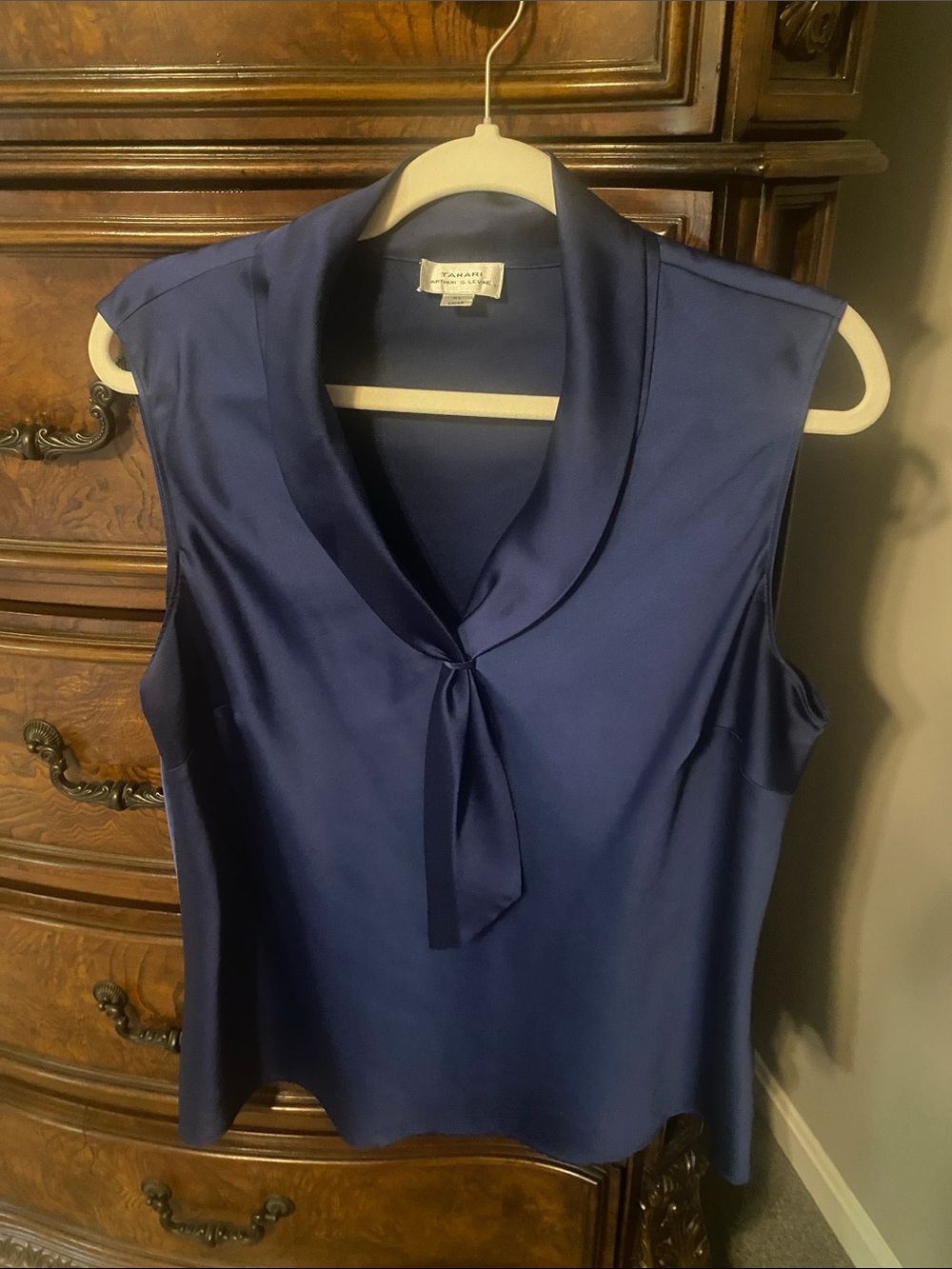 Tahari sapphire blue satin neck tie blouse
